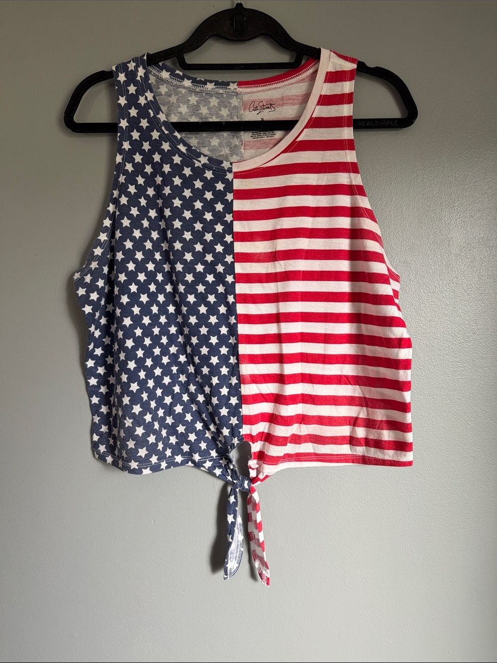 Patriotic American Flag Crop Tank Top Sleeveless Stars & Stripes Tie-Front XL